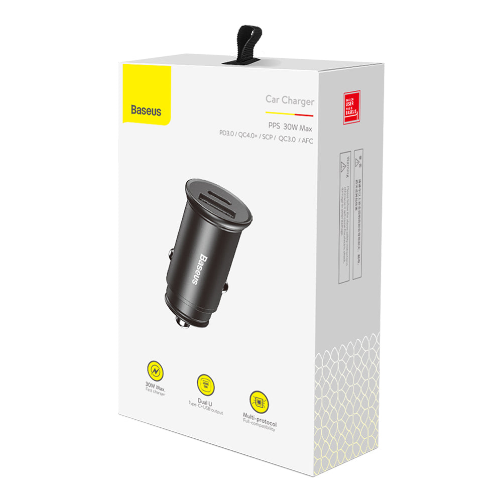 Baseus Circular Metal Car Charger, 30W, 5A, 1 x USB-A - 1 x USB-C, Black