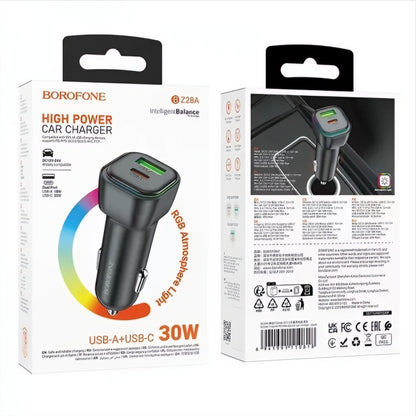 Auto nabíječka Borofone BZ28A Trophie, 30W, 3A, 1 x USB-A - 1 x USB-C, Černá