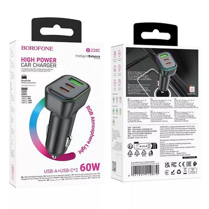 Auto nabíječka Borofone BZ28C Trophie, 60W, 3A, 1 x USB-A, 2 x USB-C, Černá