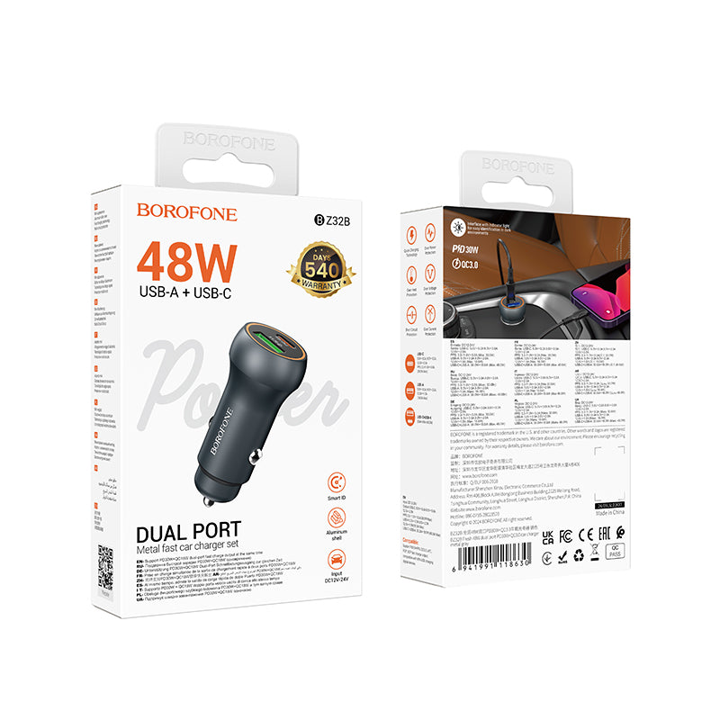 Auto nabíječka Borofone BZ32B Fresh, 48W, 3A, 1 x USB-A - 1 x USB-C, Šedá