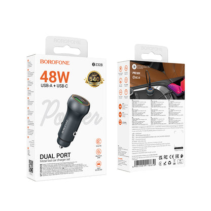 Auto nabíječka Borofone BZ32B Fresh, 48W, 3A, 1 x USB-A - 1 x USB-C, Šedá