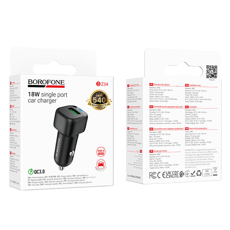 Autonabíječka Borofone BZ34 Cloud, 18W, 3A, 1 x USB-A, Černá