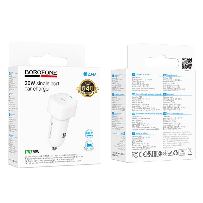 Auto nabíječka Borofone BZ34A Cloud, 20W, 3A, 1 x USB-C, Bílá