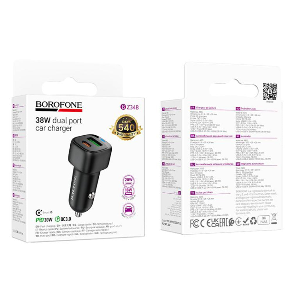 Auto nabíječka Borofone BZ34B Cloud, 38W, 3A, 1 x USB-A - 1 x USB-C, Černá