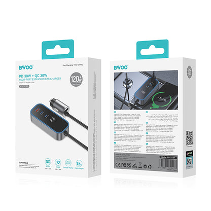 Auto nabíječka BWOO CC107 Display, 120W, 3A, 2 x USB-A - 2 x USB-C, Černá