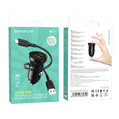 Auto nabíječka s microUSB kabelem Borofone BZ18, 18W, 3A, 1 x USB-A, Černá