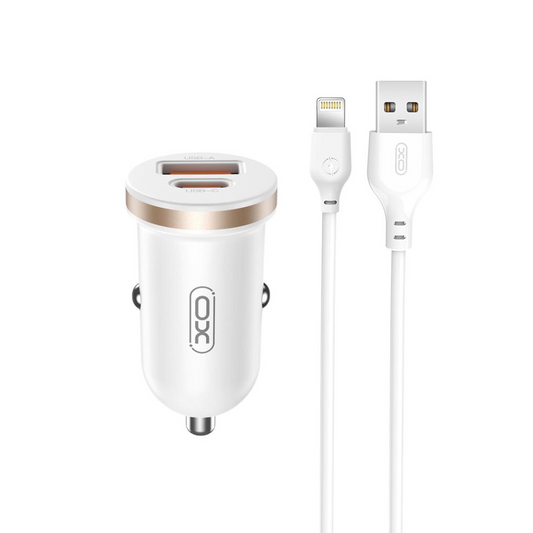 Auto nabíječka s kabelem Lightning XO Design CC56, 30W, 3A, 1 x USB-A - 1 x USB-C, Bílá