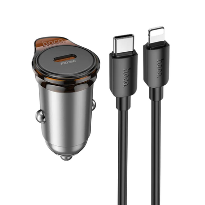 Auto nabíječka s kabelem Lightning HOCO NZ16, 30W, 3A, 1 x USB-C, Šedá