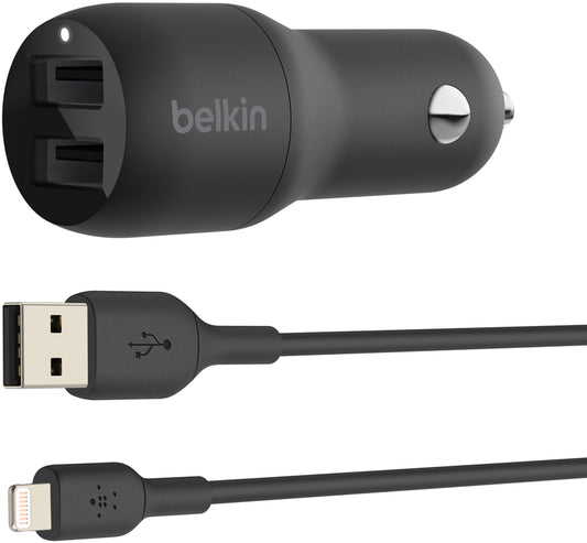 Auto nabíječka s kabelem Lightning Belkin BoostCharge Dual, 24W, 2.4A, 2 x USB-A, černá CCD001bt1MBK