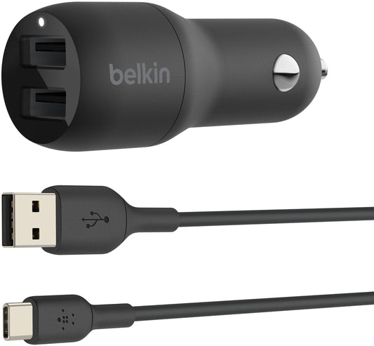 Auto nabíječka s kabelem USB-C Belkin BoostCharge Dual, 24W, 2,4A, 2 x USB-A, černá CCE001bt1MBK