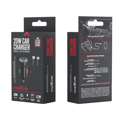 Auto nabíječka s kabelem Lightning MaXlife MXCC-04, 20W, 3A, 1 x USB-A - 1 x USB-C, Černá