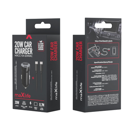 Auto nabíječka s USB-C kabelem MaXlife MXCC-04, 20W, 3A, 1 x USB-A - 1 x USB-C, černá