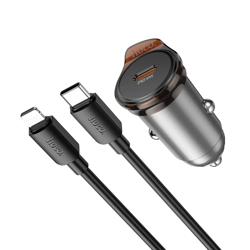 Auto nabíječka s kabelem Lightning HOCO NZ16, 30W, 3A, 1 x USB-C, Šedá