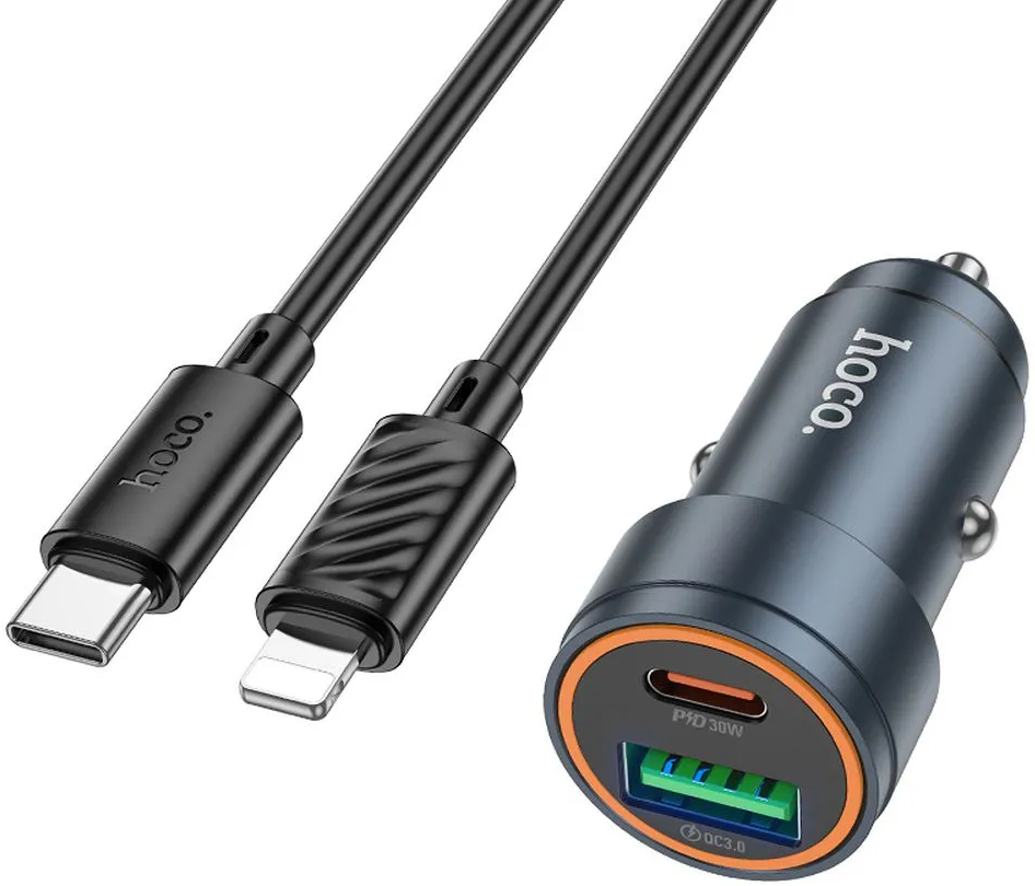 Auto nabíječka s kabelem Lightning HOCO Z57A, 30W, 3A, 1 x USB-A - 1 x USB-C, šedá