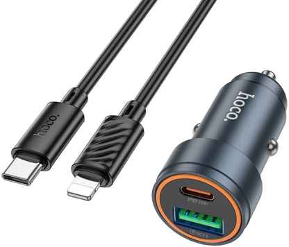 Auto nabíječka s kabelem Lightning HOCO Z57A, 30W, 3A, 1 x USB-A - 1 x USB-C, šedá