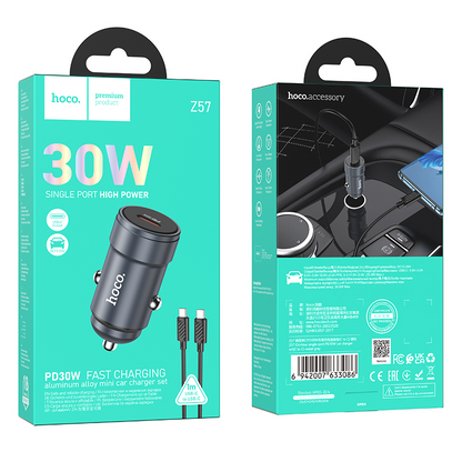 Autonabíječka s kabelem USB-C HOCO Z57, 30W, 3A, 1 x USB-C, šedá
