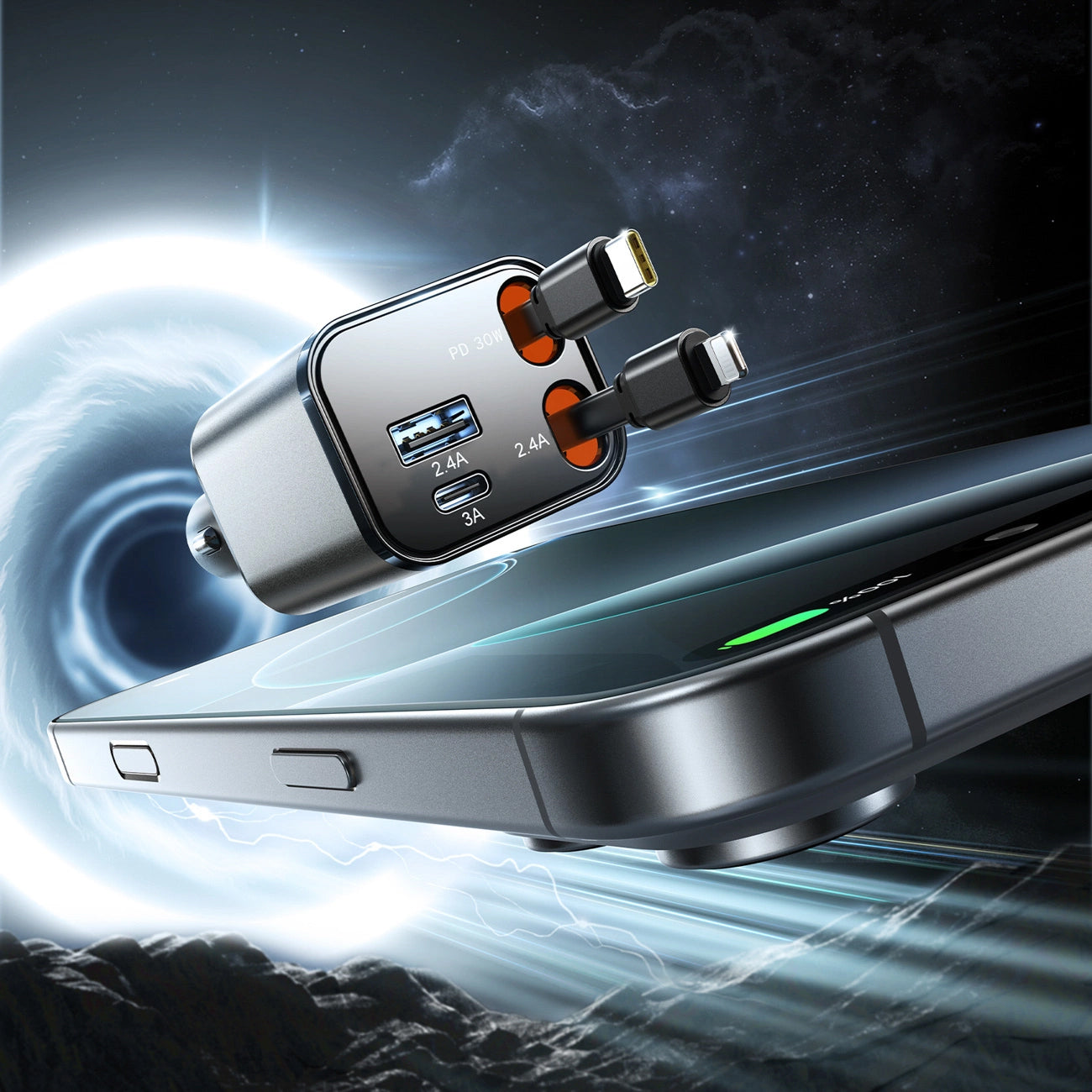 Autonabíječka s kabelem USB-C / Lightning Joyroom JR-CCL05, 30W, 3A, 1 x USB-A - 1 x USB-C, šedá