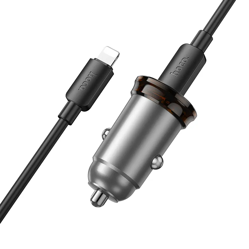 Auto nabíječka s kabelem Lightning HOCO NZ16, 30W, 3A, 1 x USB-C, Šedá