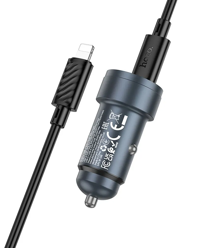 Auto nabíječka s kabelem Lightning HOCO Z57A, 30W, 3A, 1 x USB-A - 1 x USB-C, šedá