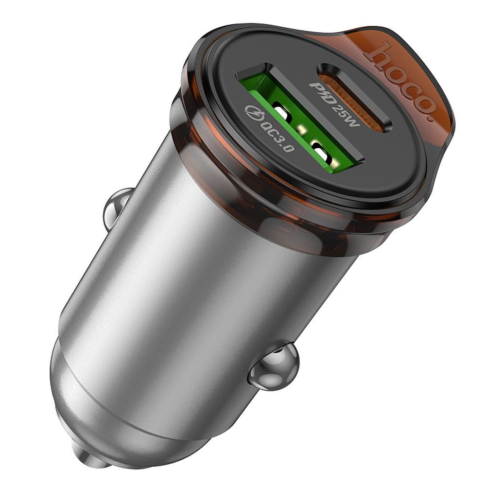 Auto nabíječka s kabelem Lightning HOCO NZ16A, 43W, 3A, 1 x USB-A - 1 x USB-C, šedá