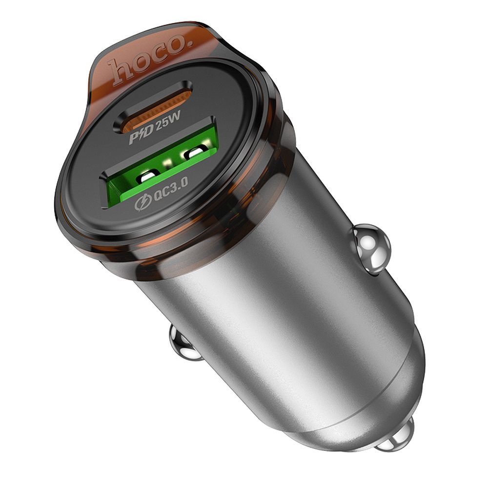 Auto nabíječka s kabelem USB-C HOCO NZ16A, 43W, 3A, 1 x USB-A - 1 x USB-C, šedá