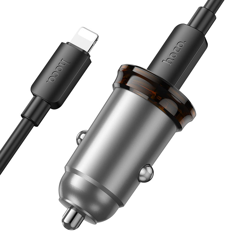 Autonabíječka s kabelem Lightning HOCO NZ16B, 45W, 3A, 2 x USB-C, Šedá