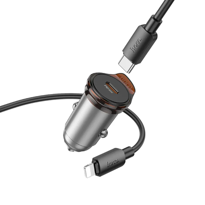 Auto nabíječka s kabelem Lightning HOCO NZ16, 30W, 3A, 1 x USB-C, Šedá