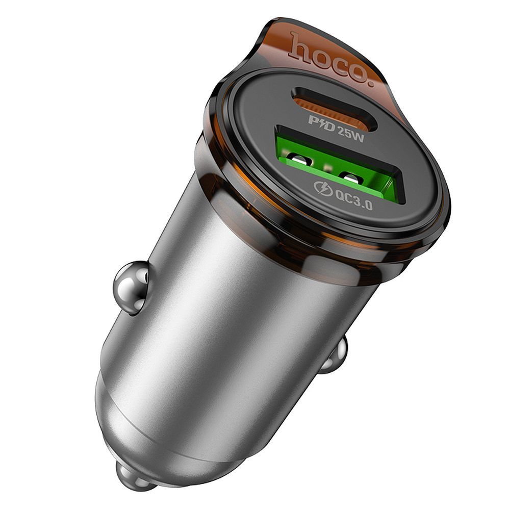 Auto nabíječka s kabelem Lightning HOCO NZ16A, 43W, 3A, 1 x USB-A - 1 x USB-C, šedá