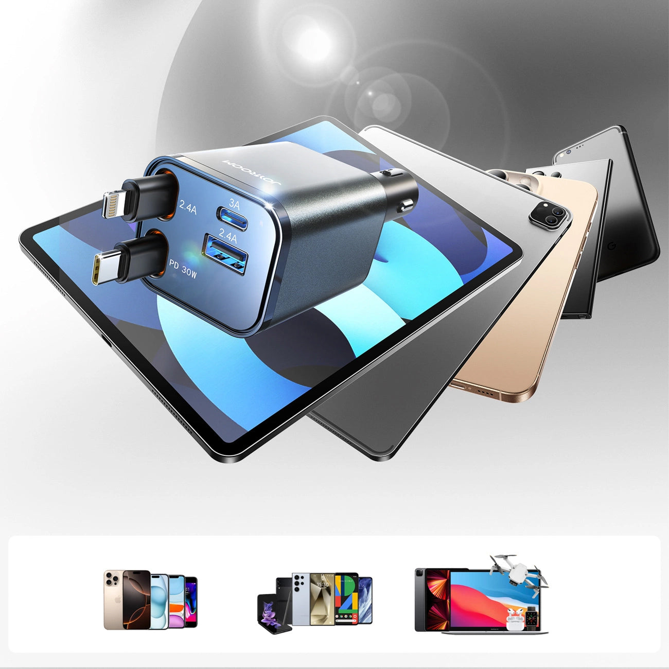 Autonabíječka s kabelem USB-C / Lightning Joyroom JR-CCL05, 30W, 3A, 1 x USB-A - 1 x USB-C, šedá