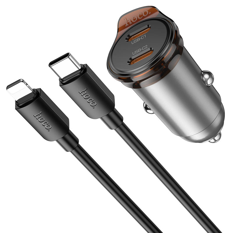 Autonabíječka s kabelem Lightning HOCO NZ16B, 45W, 3A, 2 x USB-C, Šedá