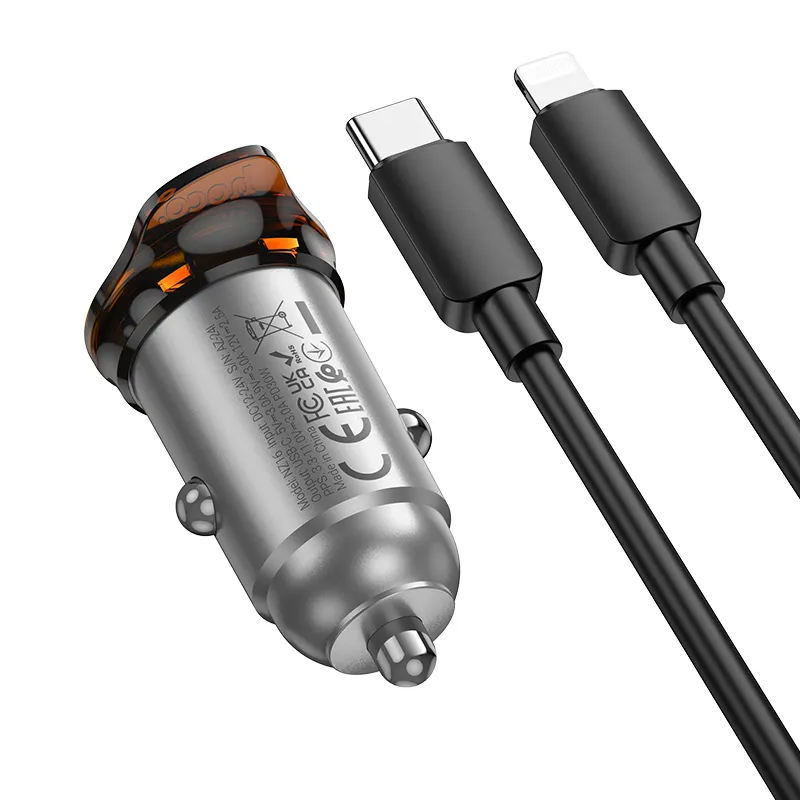 Auto nabíječka s kabelem Lightning HOCO NZ16, 30W, 3A, 1 x USB-C, Šedá