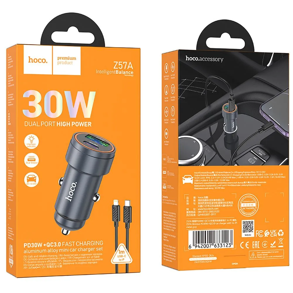 Auto nabíječka s kabelem Lightning HOCO Z57A, 30W, 3A, 1 x USB-A - 1 x USB-C, šedá