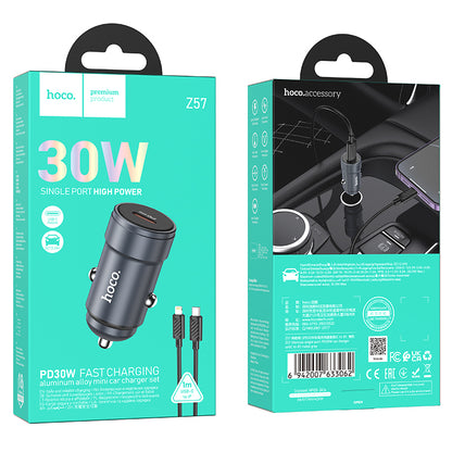 Auto nabíječka s kabelem Lightning HOCO Z57, 30W, 3A, 1 x USB-C, šedá