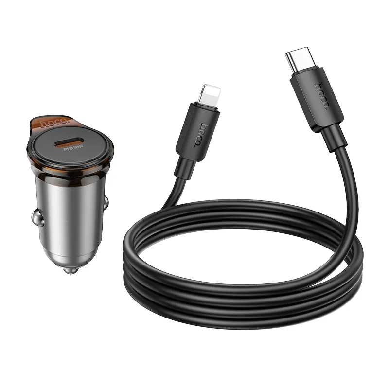 Auto nabíječka s kabelem Lightning HOCO NZ16, 30W, 3A, 1 x USB-C, Šedá