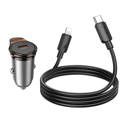 Auto nabíječka s kabelem Lightning HOCO NZ16, 30W, 3A, 1 x USB-C, Šedá