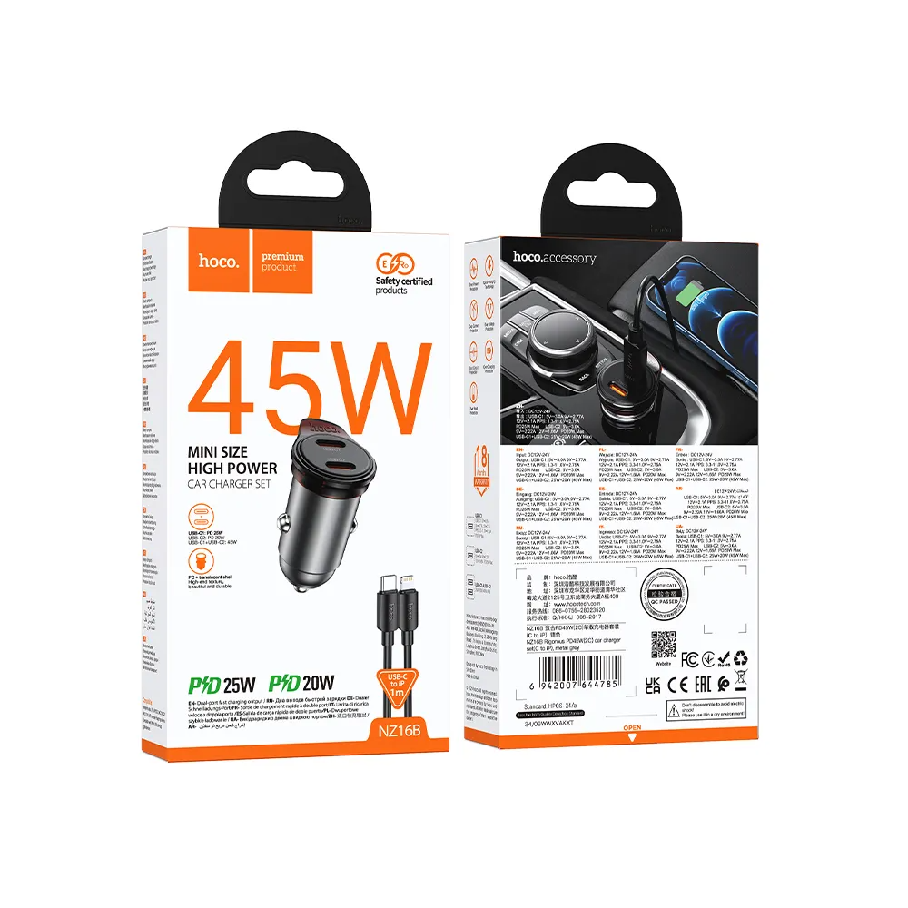 Autonabíječka s kabelem Lightning HOCO NZ16B, 45W, 3A, 2 x USB-C, Šedá