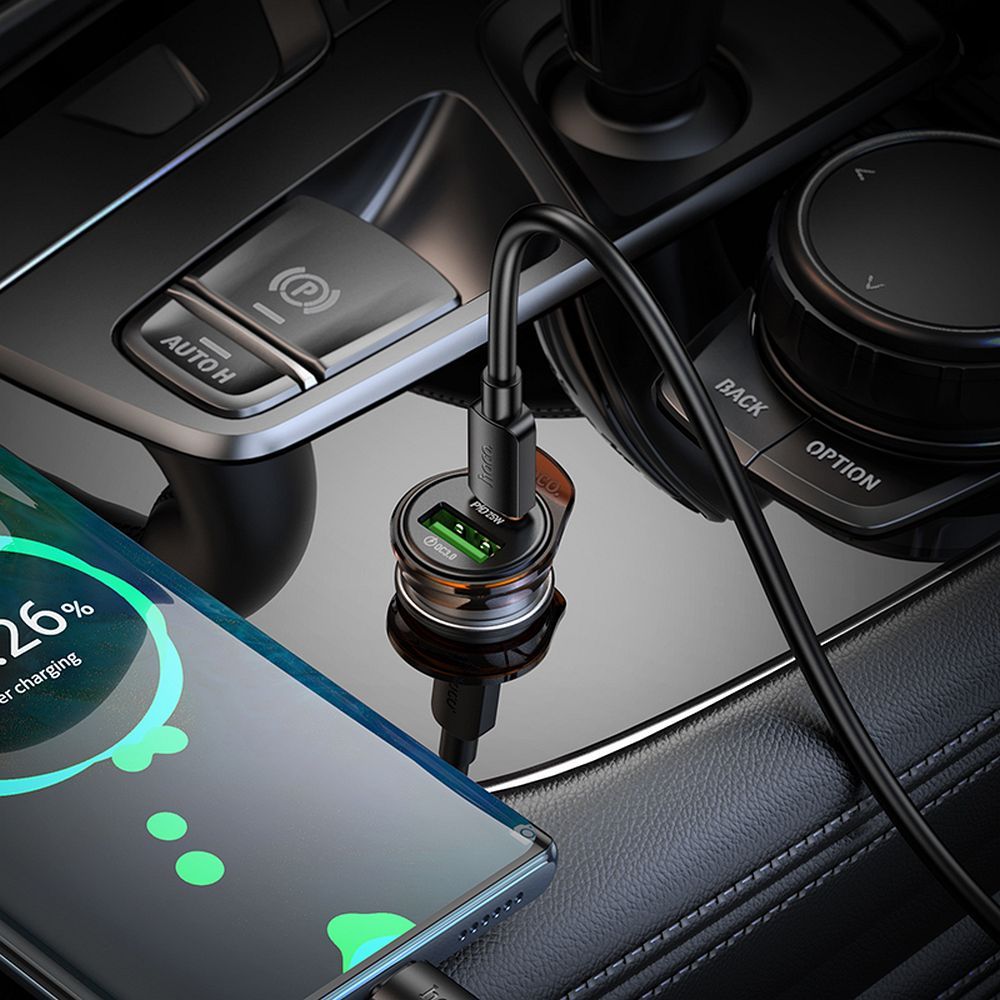 Auto nabíječka s kabelem Lightning HOCO NZ16A, 43W, 3A, 1 x USB-A - 1 x USB-C, šedá