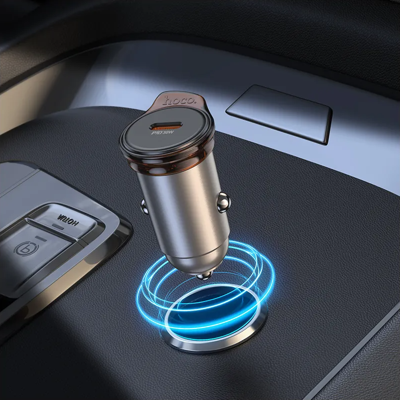 Auto nabíječka s kabelem Lightning HOCO NZ16, 30W, 3A, 1 x USB-C, Šedá