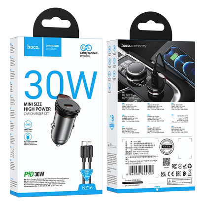 Auto nabíječka s kabelem Lightning HOCO NZ16, 30W, 3A, 1 x USB-C, Šedá