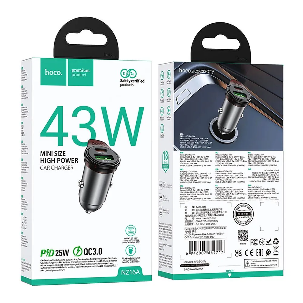Auto nabíječka s kabelem USB-C HOCO NZ16A, 43W, 3A, 1 x USB-A - 1 x USB-C, šedá