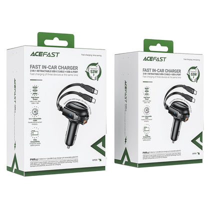 Acefast B13 Car Charger with USB-C Cable, 53W, 3A, 1 x USB-A, Black