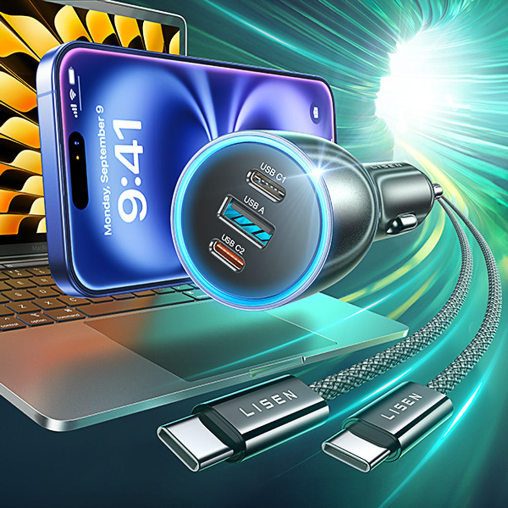 Lisen Car Charger with USB-C Cable, 170W, 5A, 1 x USB-A - 2 x USB-C, Black YL0224010001