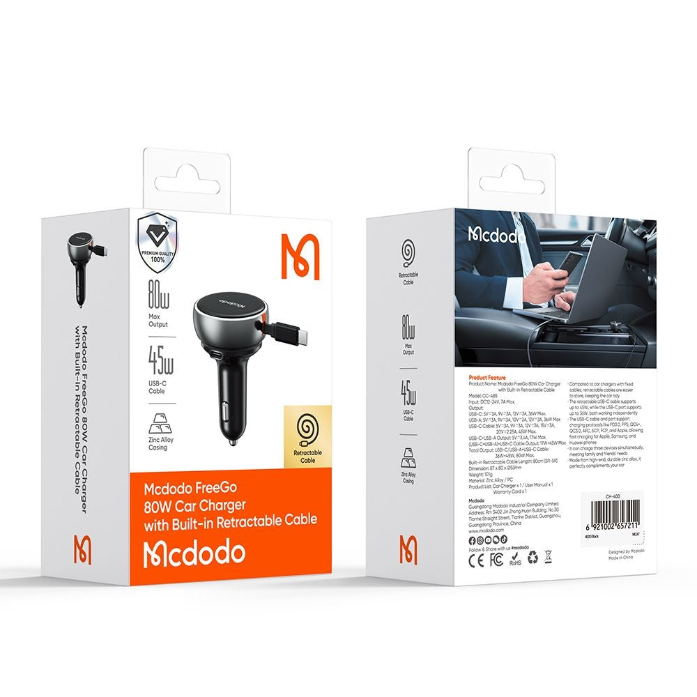 Auto nabíječka s kabelem USB-C McDodo CC-4850, 80W, 3A, 1 x USB-A - 1 x USB-C, Černá