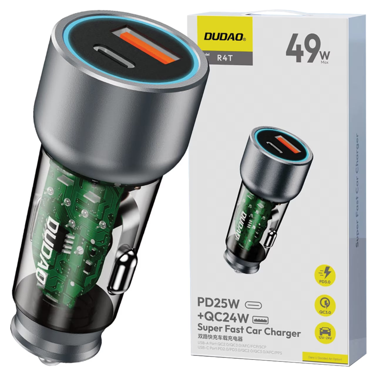 Nabíječka do auta Dudao R4T, 30W, 3A, 1 x USB-A - 1 x USB-C, šedá 