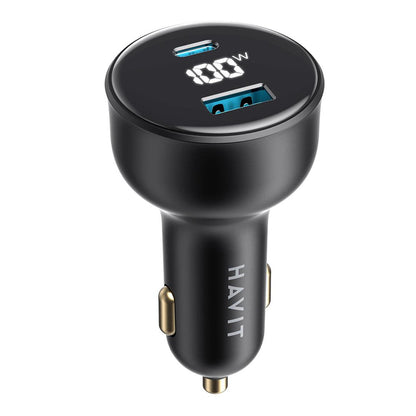 Auto nabíječka HAVIT CC100W Display, 100W, 5A, 1 x USB-A - 1 x USB-C, Černá