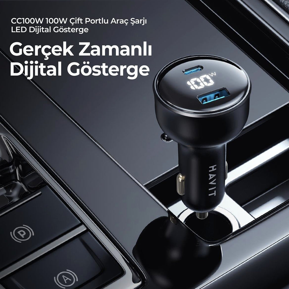 Auto nabíječka HAVIT CC100W Display, 100W, 5A, 1 x USB-A - 1 x USB-C, Černá