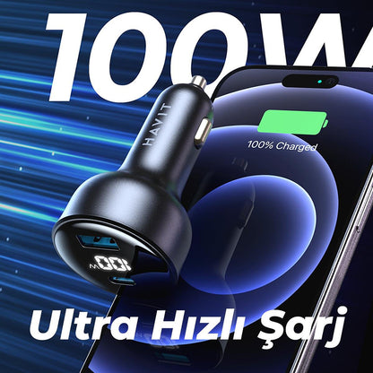 Auto nabíječka HAVIT CC100W Display, 100W, 5A, 1 x USB-A - 1 x USB-C, Černá