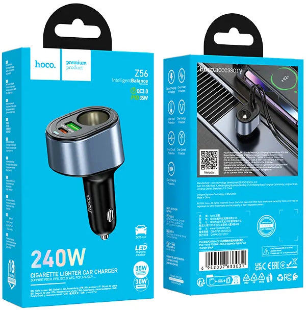 Autonabíječka HOCO Z56, 35W, 3A, 1 x USB-A - 1 x USB-C - 1 x Prodloužení zapalovače, Černá