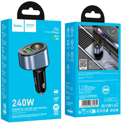 Autonabíječka HOCO Z56, 35W, 3A, 1 x USB-A - 1 x USB-C - 1 x Prodloužení zapalovače, Černá