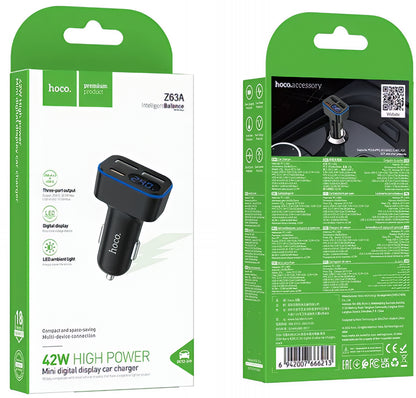 Auto nabíječka HOCO Z63A Display, 42W, 3A, 1 x USB-C - 2 x USB-A, Černá